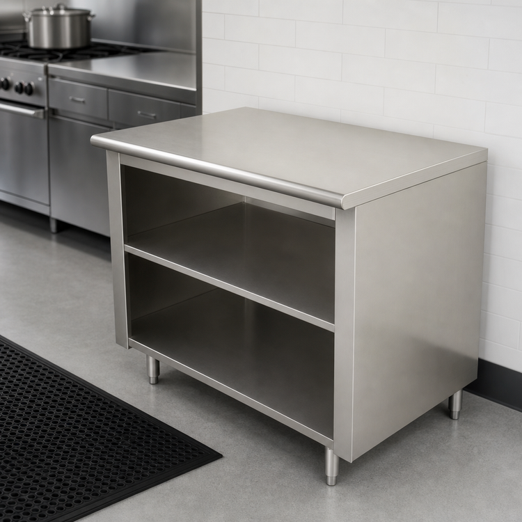Product image #4 for Advance Tabco Open Front Cabinet Base Work Table with Mid-Shelf, 60 x 36 Inches, 14 Gauge 304 Stainless Steel Top