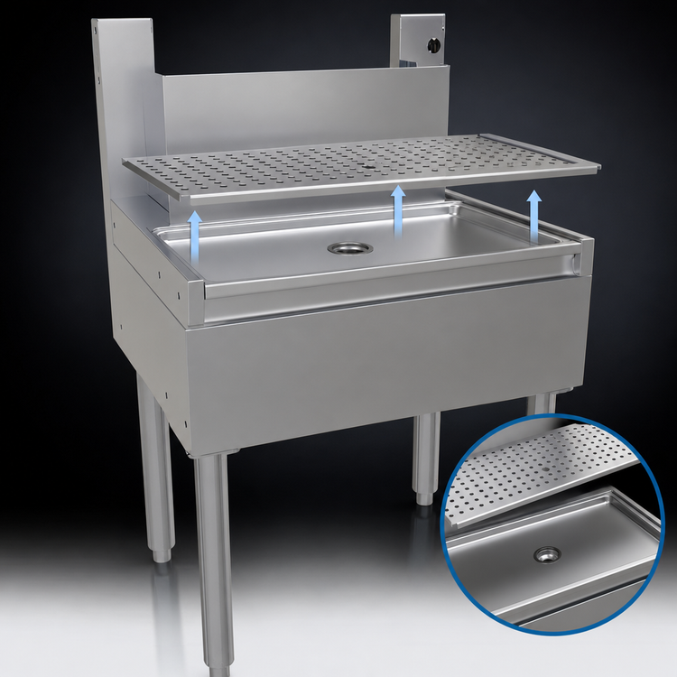Product image #4 for Glastender BDA-18 18-Inch Stainless Steel Underbar Beer Drainer with Tubing Chase and Lift-Out Perforated Insert