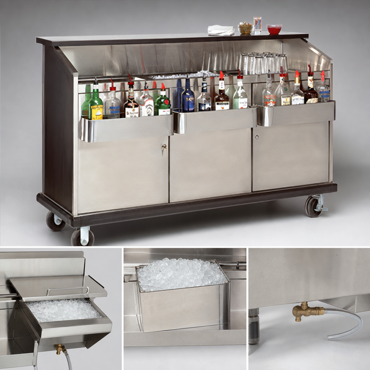 Product image #5 for Advance Tabco Heavy Duty Freestanding Portable Bar with Locking Doors, Stainless Steel Workboard & Ice Bin, Black Mica Finish