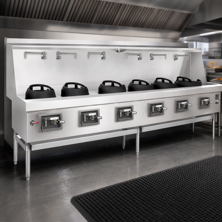 Product image #4 for York 6-Chamber Gas Wok Range with Water-Cooled Top and Chinese Swing Faucets