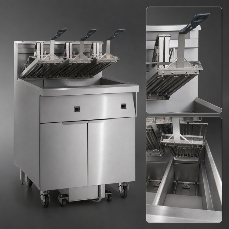 Product image #4 for Imperial IFSSP375EUC 3-Battery Electric Floor Fryer with Space Saver Filter System, 75 lb. Tanks, Tilt-Up Elements, Computer Controls