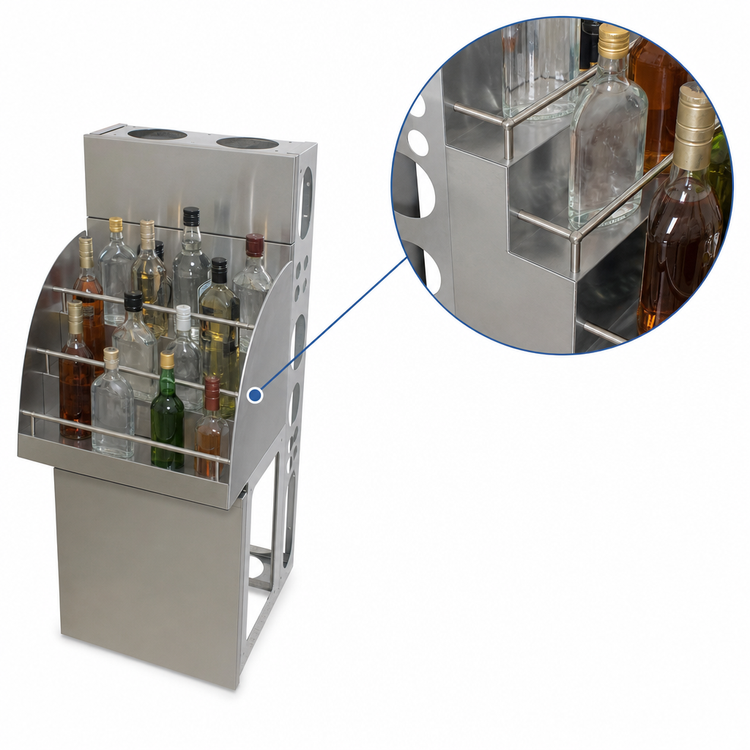 Product image #4 for BK Resources Freestanding Underbar Liquor Bottle Display Unit, 4-Step, 13-Bottle Capacity, 304 Stainless Steel