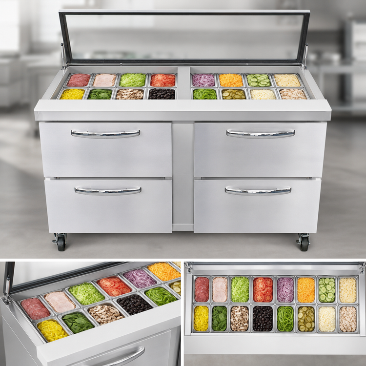 Product image #4 for Continental Refrigerator Mighty Top 60" Two-Section Sandwich Prep Table with Hinged Glass Lid