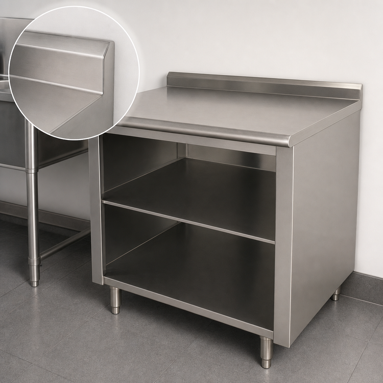 Product image #4 for Advance Tabco 36" x 36" 14-Gauge 304 Stainless Steel Work Table with Open Front Cabinet Base, Mid-Shelf, and 1-1/2" Rear Up-Turn