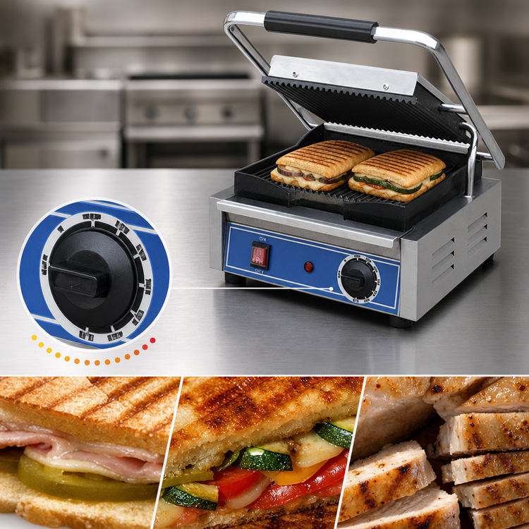 Product image #4 for Globe Single Countertop Electric Bistro Panini Grill with 10 x 10 Inch Cast Iron Grooved Plates