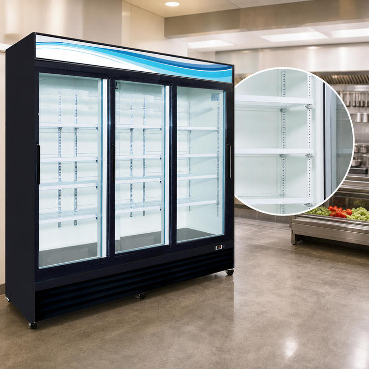 Product image #4 for Serv-Ware 3-Door 72 Cu. Ft. Black Glass Door Merchandiser Refrigerator