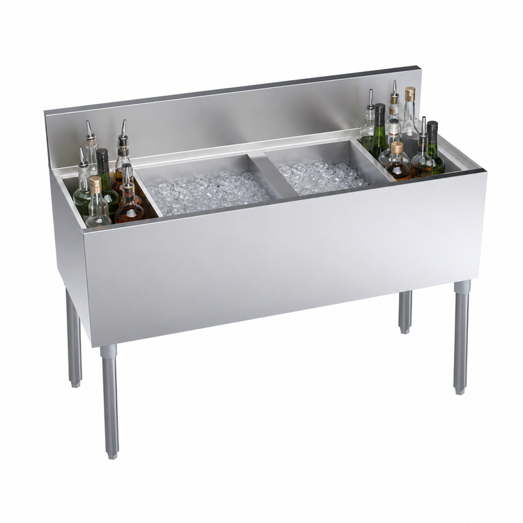 Product image #4 for Krowne Royal Series 46-Inch Underbar Speed Multi Station Bar Ice Bin with 30-Inch Center Ice Bin and (2) 8-Inch Insulated Bottle Wells
