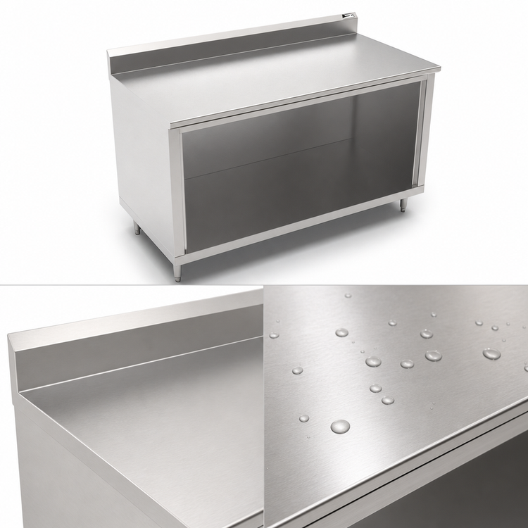 Product image #4 for John Boos 36" x 36" Stainless Steel Work Table with Open Front Cabinet Base and 5" Backsplash