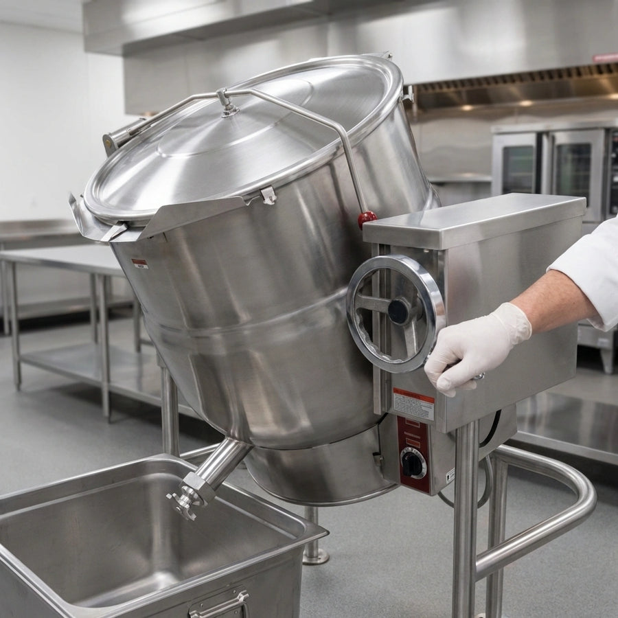 Experience safe and effortless pouring with the sturdy self-locking crank tilt mechanism on this 30-gallon electric kettle.