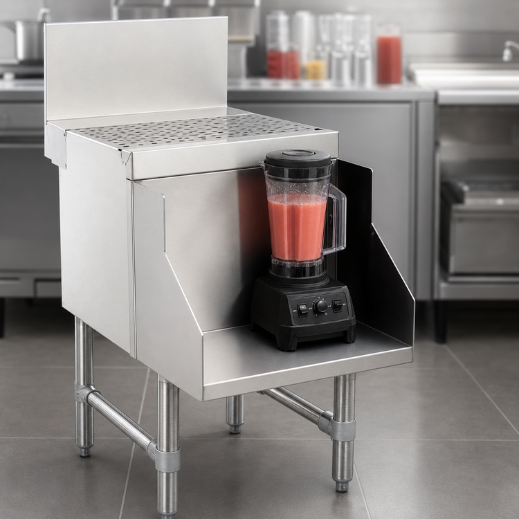 Product image #4 for Advance Tabco Prestige Supreme 18-Inch Freestanding Stainless Steel Blender Station with Drainboard Top, Recessed Shelf and Rear Deck