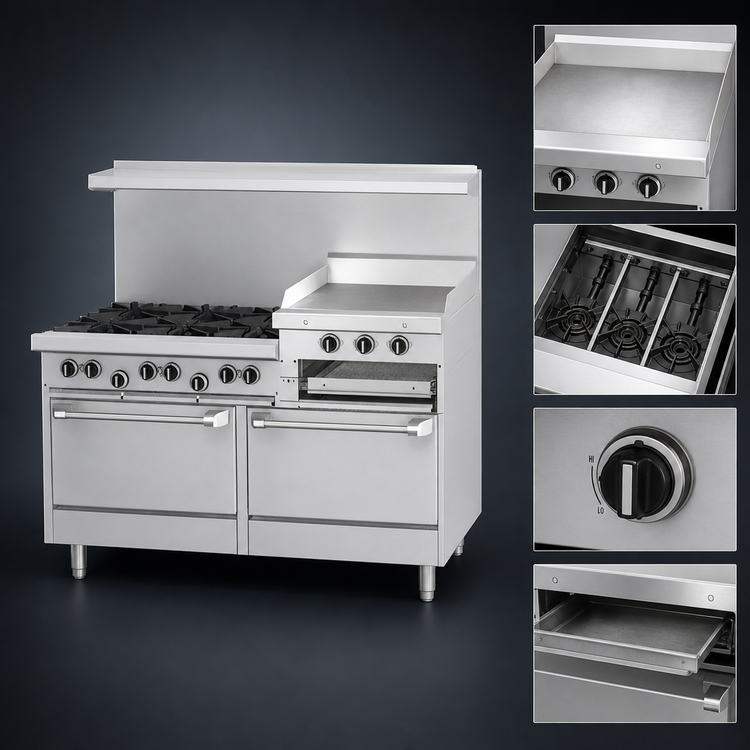 Product image #4 for Garland US Range U Series 60-Inch Commercial Gas Range with 6 Open Burners, 24-Inch Raised Griddle/Broiler, and 2 Standard Ovens