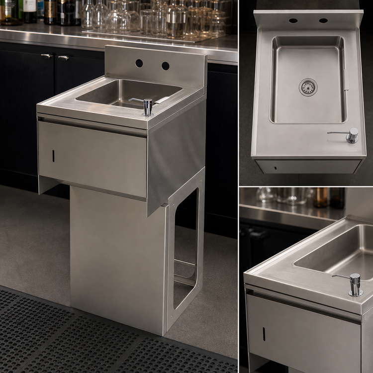 Product image #5 for BK Resources Slimline 1-Compartment Stainless Steel Underbar Dump Sink with Soap Dispenser and Towel Dispenser, 15-1/2 Inch Wide