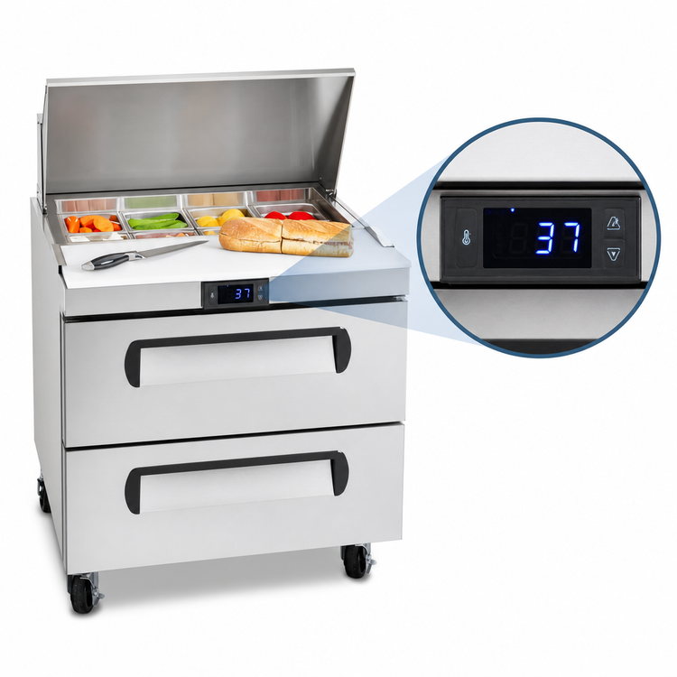 Product image #5 for Migali 27 1/2 Inch Stainless Steel Refrigerated Sandwich Prep Table with 2 Drawers and 8-Pan Top