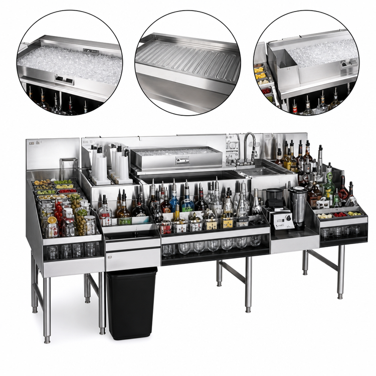 Product image #4 for Glastender 60-Inch All-In-One Underbar Ice Bin/Cocktail Station with Center Ice Bin, Sink, Blender Shelf, Speed Rail, and 10-Circuit Cold Plate