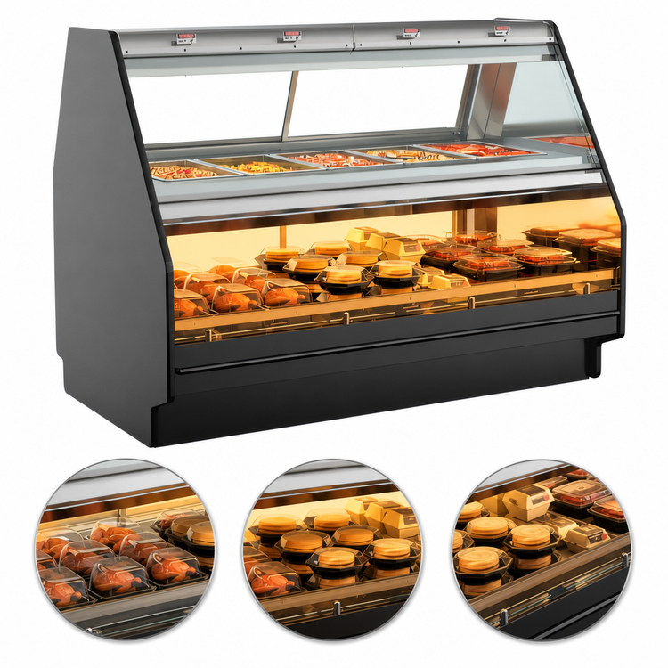 Product image #4 for Fusion Hot Over Hot Combination Food Display Case with Heated Deck Lower Display and Upper Full-Size Pan Section