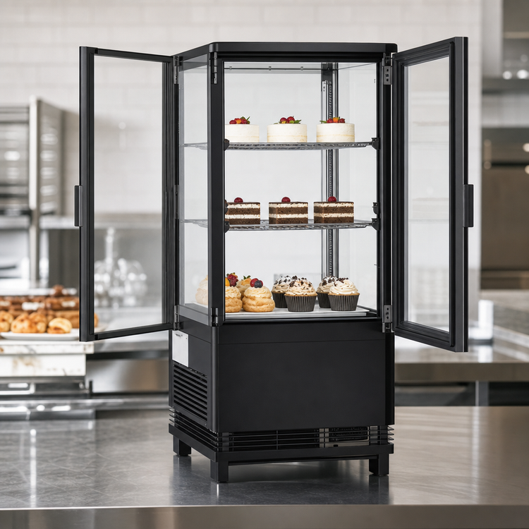 Product image #4 for BakeryXpress Countertop Pass-Thru Refrigerated Display Case with Double Glass Doors and 3 Shelves