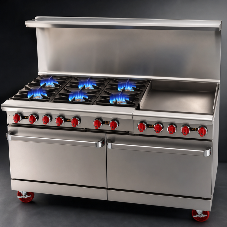 Product image #4 for American Range 60-Inch Commercial Gas Restaurant Range with 24-Inch Griddle, 6 Open Burners, Convection Oven, and Storage Base
