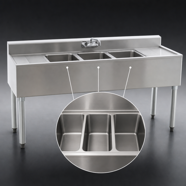Product image #4 for 1800 Series Three-Compartment Underbar Sink Unit with Left and Right Drainboards, 60 Inch 304 Stainless Steel