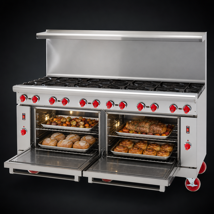 Product image #4 for American Range Green Flame 72-Inch Commercial Gas Range with 12 Open Burners and 2 Standard Ovens