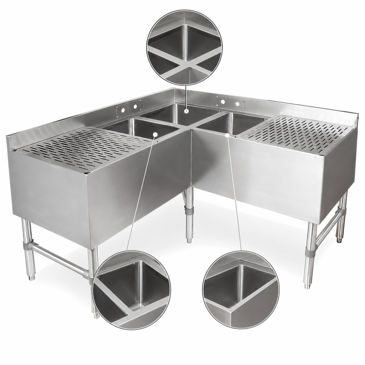 Product image #4 for John Boos 3-Compartment Slim-Line Underbar Corner Sink Unit with Dual Drainboards, 48 x 18 x 32-1/2 Inches