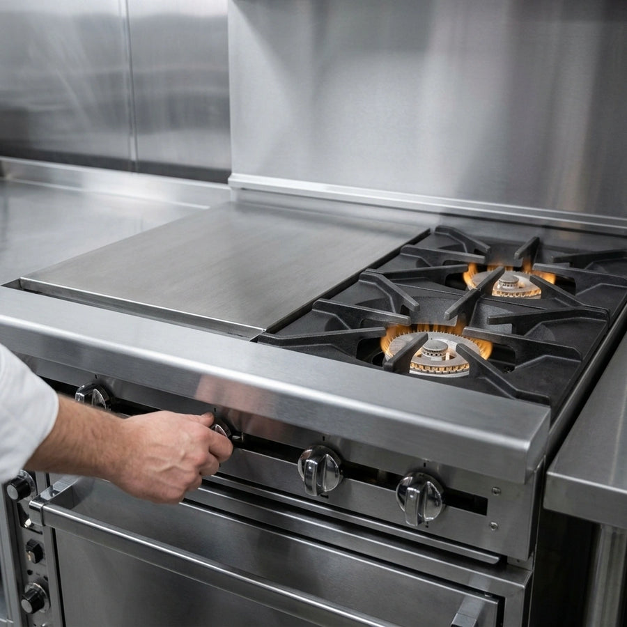 Observe the individual stainless steel pilot lights, ensuring reliable ignition and operation for each burner on this heavy-duty gas range.