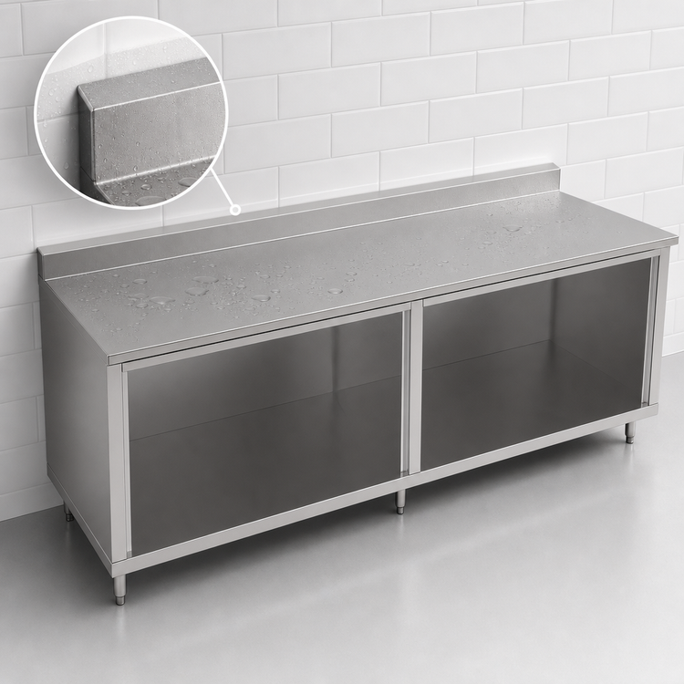 Product image #4 for Open Front Cabinet Base Work Table, 132 x 36 Inch, 16-Gauge 300-Series Stainless Steel Top, 5-Inch Backsplash