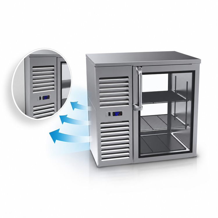 Product image #4 for Krowne Royal Series 36-Inch Pass-Thru Refrigerated Back Bar Cooler, Two-Section, Self-Contained, Left-Mounted Refrigeration