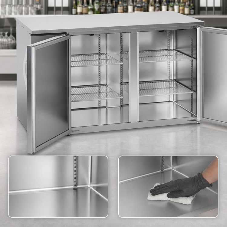 Product image #4 for Beverage-Air 58-Inch Two-Section Food-Rated Solid Door Back Bar Refrigerator, Self-Contained, Stainless Steel