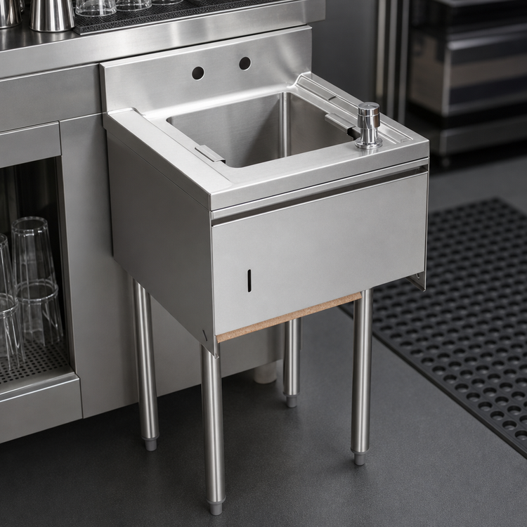 Product image #4 for BK Resources Slimline Underbar Dump Sink, 1 Compartment, 12-1/2 Inch Wide, 304 Stainless Steel, with Faucet and Accessories