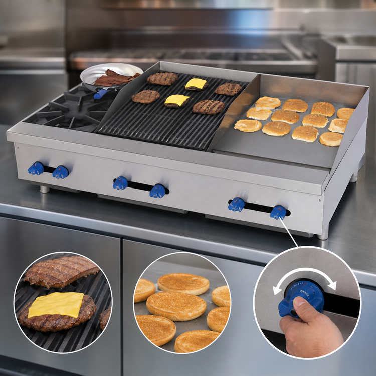 Product image #4 for Comstock-Castle 48 Inch Countertop Gas Char-Broiler/Griddle Combination with 18 Inch Thermostatic Griddle and 30 Inch Radiant Broiler (FHP48-18T-2.5RB)