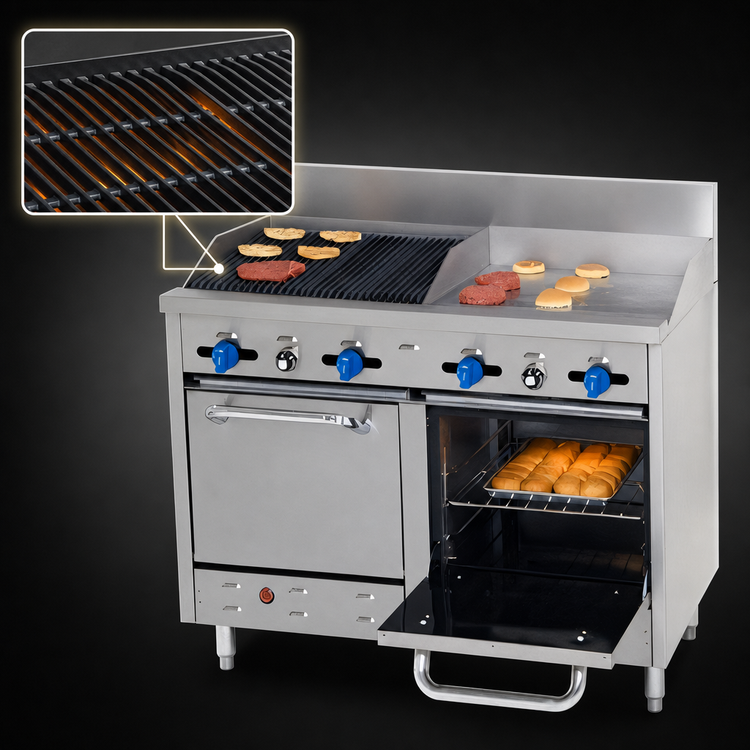 Product image #4 for Comstock-Castle 48-Inch Commercial Gas Char-Broiler Range with 24-Inch Griddle, 24-Inch Char-Broiler, and 2 Space-Saver Ovens