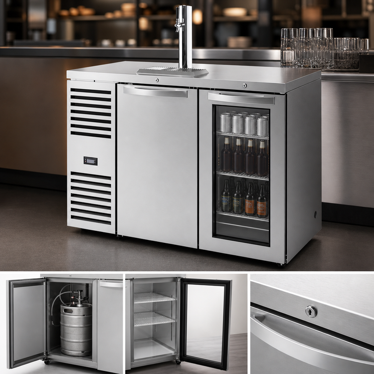 Product image #4 for 48-Inch Two-Section Flat-Top Refrigerated Draft Bar Cooler with 1 Beer Column, Solid and Glass Doors, Stainless Steel