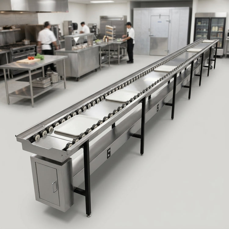 Product image #3 for Dinex DXIESSW20 20-Foot Non-Powered Stainless Steel Skate Wheel Tray Make-Up Conveyor