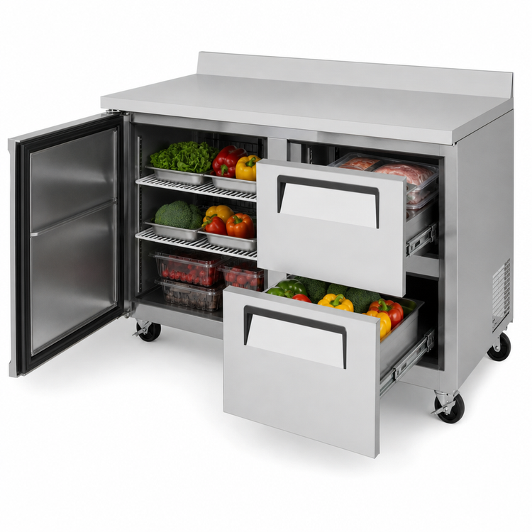 Product image #4 for Turbo Air Super Deluxe Two-Section 60-1/4-Inch Stainless Steel Worktop Freezer with Left-Hinged Door and 2 Drawers