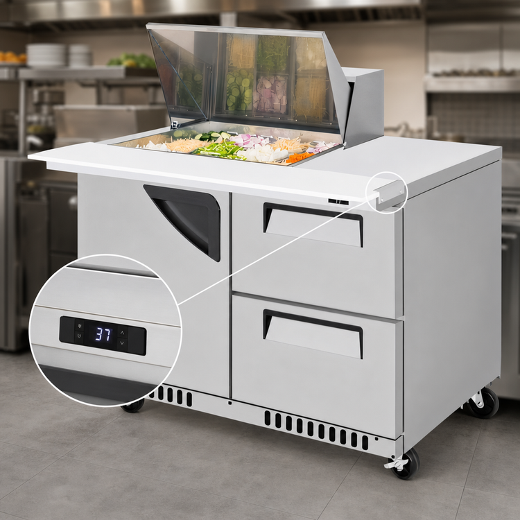 Product image #5 for Turbo Air Super Deluxe 48-1/4-Inch 2-Section Prep Table Workstation Refrigerator with 2 Drawers, 1 Door, and Front Breathing Airflow