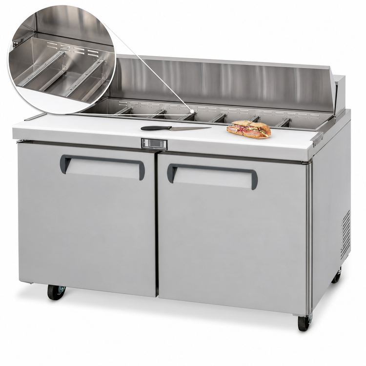 Product image #4 for Migali Competitor Series 60-Inch Two-Section Stainless Steel Sandwich Prep Table with Rear-Mount Self-Contained Refrigeration