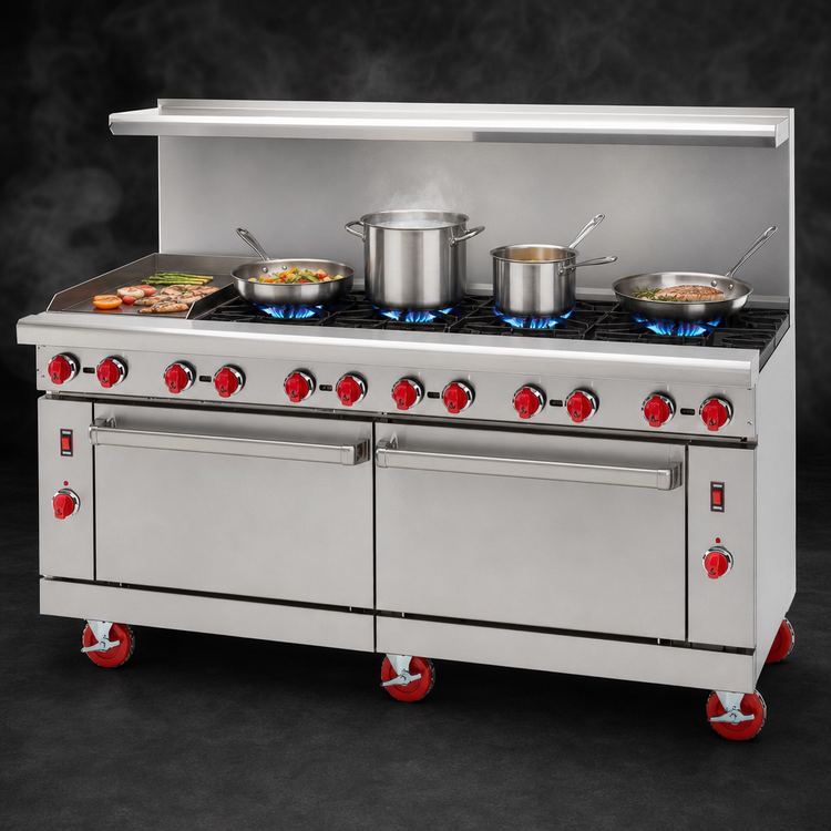 Product image #4 for American Range Green Flame 72-Inch Commercial Gas Range with 36-Inch Left Griddle, 6 Open Burners, and 2 Standard Ovens