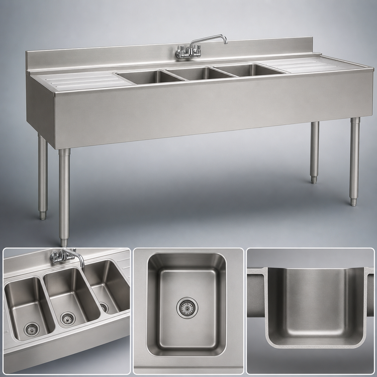Product image #4 for Eagle Group 2200 Series B6C-22 Three-Compartment Underbar Sink Unit with Left and Right Drainboards, 304 Stainless Steel