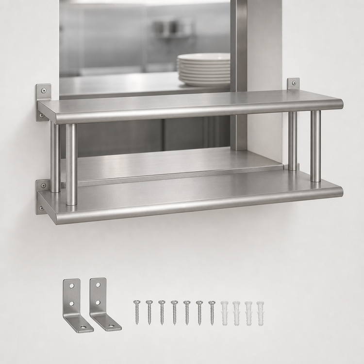 Product image #4 for BK Resources Double Tier Pass-Through Shelf, 24 x 18 Inch, Stainless Steel, 5 Inch Max Wall Thickness