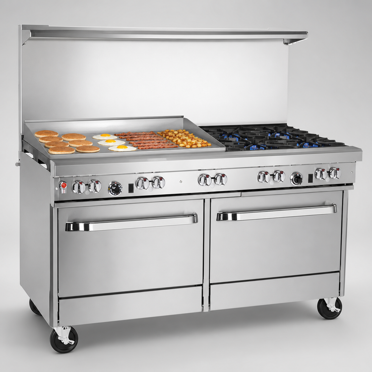 Product image #4 for Ultimate 60-Inch Gas Restaurant Range with 4 Non-Clog Burners, 36-Inch Griddle, Convection Oven, and Cabinet Base