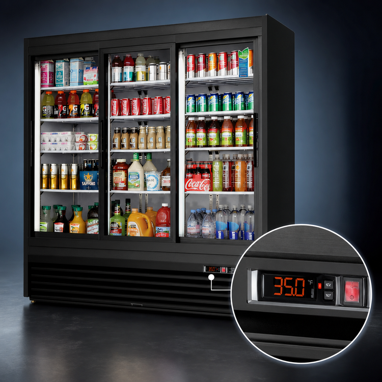 Product image #4 for Everest Refrigeration EMGR69B Three-Section Reach-In Sliding Glass Door Merchandiser Refrigerator, 69 Cu. Ft.