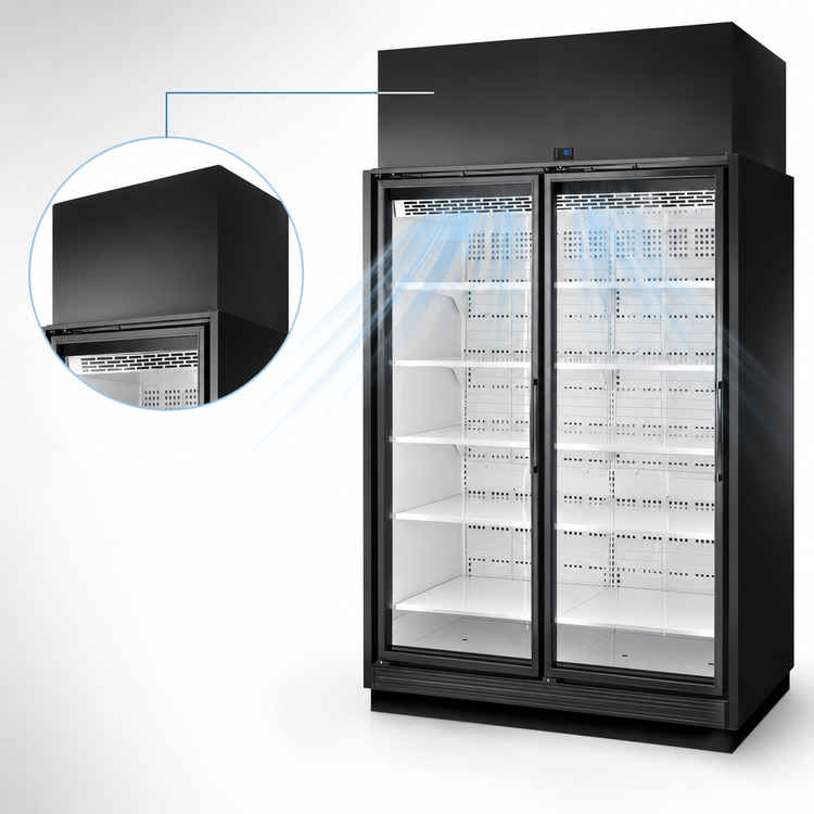 Product image #4 for True TRM Series Two-Section Medium Temperature Glass Door Retail Merchandiser, Black Exterior, White Interior