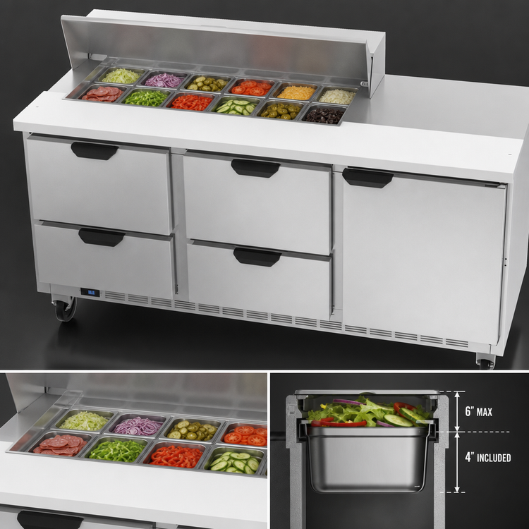Product image #5 for Beverage-Air 72-Inch Three-Section Sandwich Prep Table Refrigerator with 12-Pan Top, 4 Drawers, and 1 Door