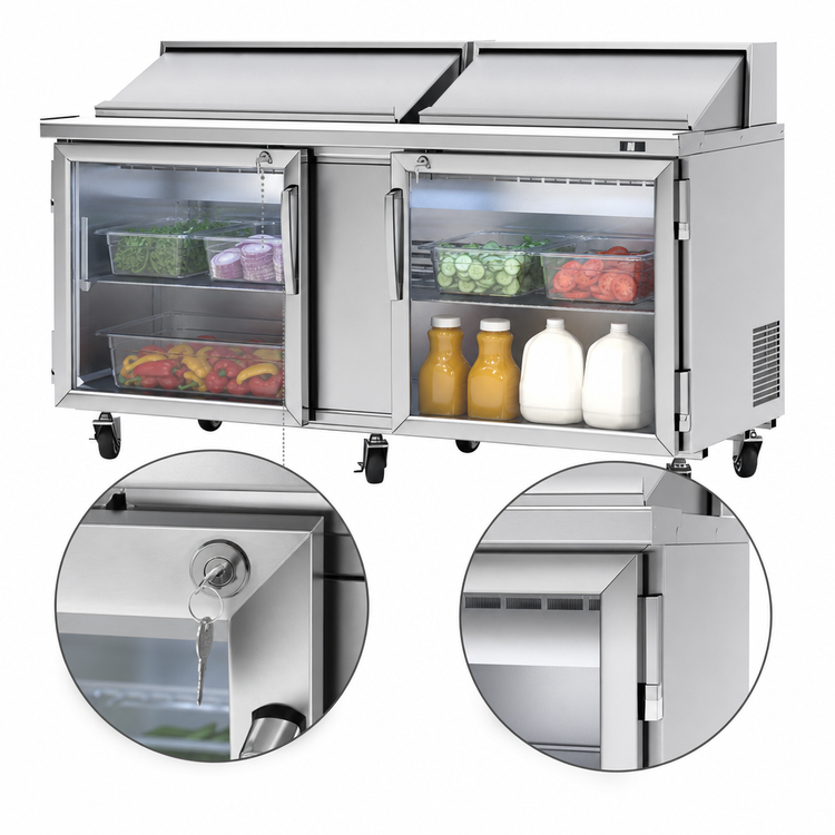 Product image #4 for Turbo Air PRO 72-Inch 2-Section Refrigerated Sandwich/Salad Prep Table with 18-Pan Top and Glass Doors