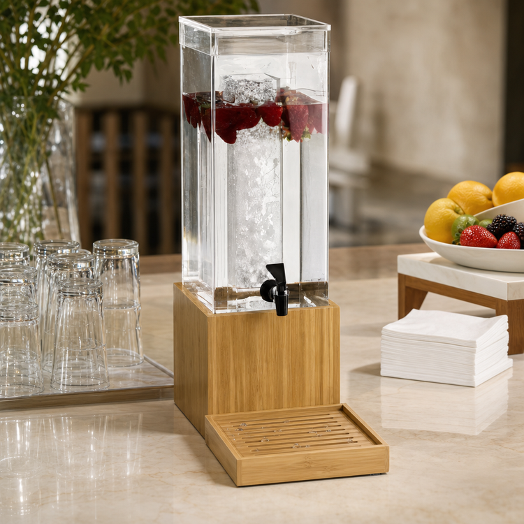Product image #4 for Cal-Mil Bamboo Collection 1.5 Gallon Acrylic Beverage Dispenser with Ice Chamber and Drip Tray