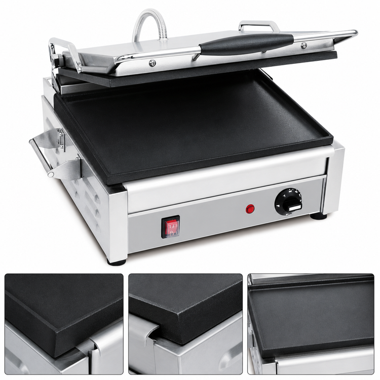 Product image #4 for Eurodib Commercial Countertop Electric Panini Press with Flat Top & Bottom Cast Iron Plates, 14 x 10 Inches