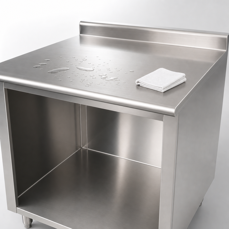 Product image #4 for Open Front Cabinet Base Work Table, 60 x 36 Inches, 14 Gauge 304 Stainless Steel Top, 5-Inch Backsplash
