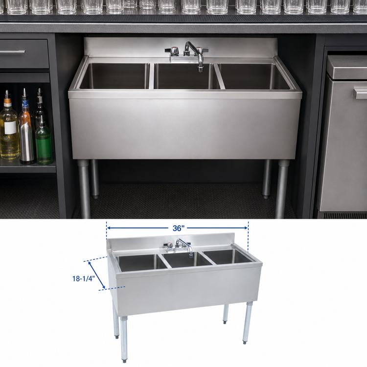Product image #4 for BK Resources Slim-Line 3-Compartment Underbar Sink, 36 Inch, 304 Stainless Steel, with Faucet and Drains