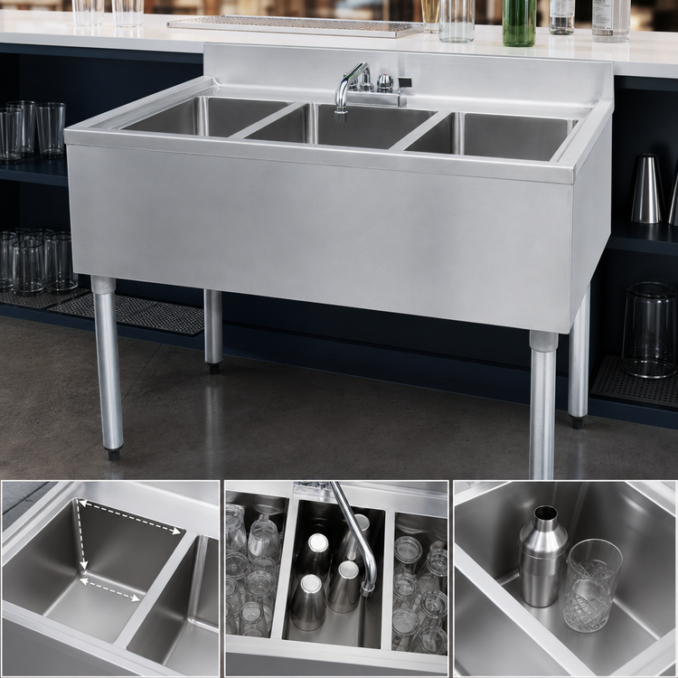 Product image #4 for BK Resources 36-Inch Wide Three-Compartment Stainless Steel Underbar Sink with 4-1/2 Inch Backsplash