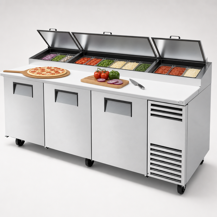 Product image #4 for True 93.5-Inch 3-Section Pizza Prep Table with 12-Pan Top and Side-Mounted Self-Contained Refrigeration